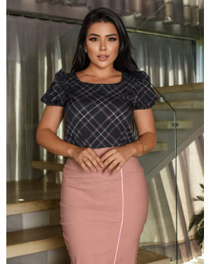 Conjunto Blusa Xadrez Saia Midi Rose | Moda Evangelica